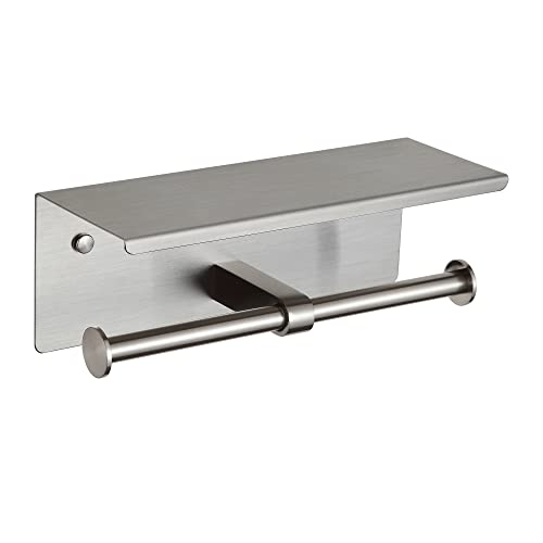 Toilet Paper Holder with Shelf Brushed Nickel Double Head Toilet Tissue Roll Holder 304 Stainless Steel Wall Mount for Bathroom