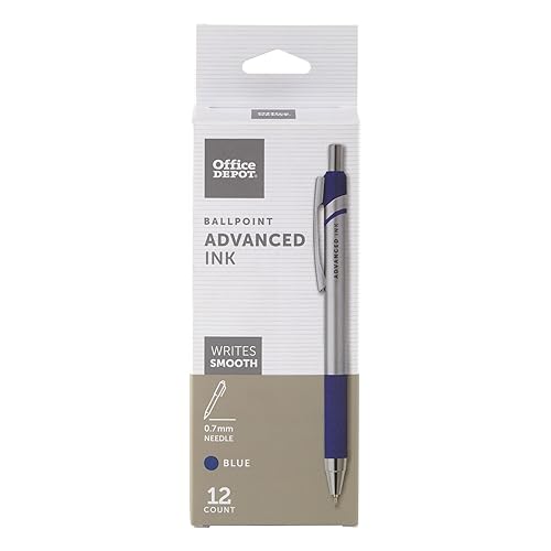 Office Depot Advanced Ink Retractable Ballpoint Pens, Needle Point, 0.7 mm, Silver Barrel, Blue Ink, Pack Of 12