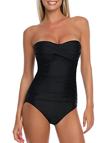 RELLECIGA Women's Black Ruched Neck Halter Twist Bandeau One Piece Swimwear Bathing Suits Size Large
