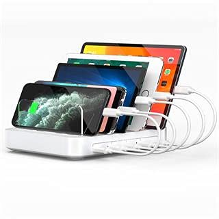 Charging Station for Multiple Devices, 5 in 1 Multi USB Charger Station with iWatch & Airpod Stand and 8 Mixed Short Cables, 50W Charging Dock Compatible with iPhone, iPad, Cell Phone, Tablets, White