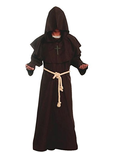 Friar Medieval Hooded Monk Renaissance Priest Robe Costume Cosplay Brown