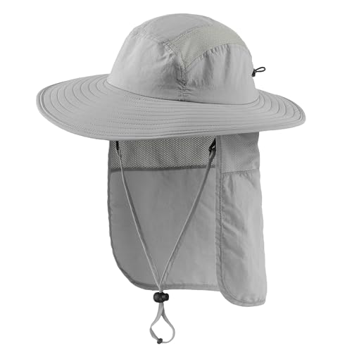 Home Prefer Mens UPF 50+ Sun Protection Cap Wide Brim Fishing Hat with Neck Flap (Light Gray)