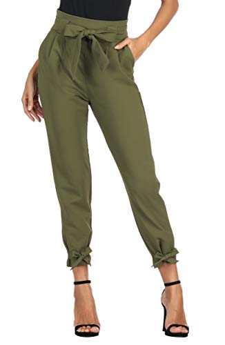 GRACE KARIN Women's Pants Trouser Slim Casual Cropped Paper Bag Waist Pants XL Army Green