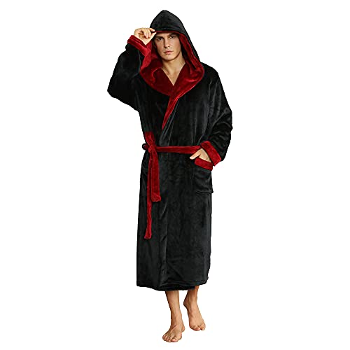 U2SKIIN Mens Fleece Hooded Robe Plush Bathrobe (Black/Dark Red, 2XL/3XL)