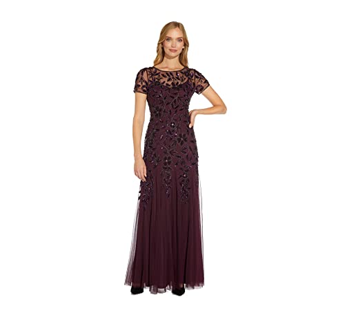 Adrianna Papell Women's Floral Beaded Godet Gown, Night Plum, 12