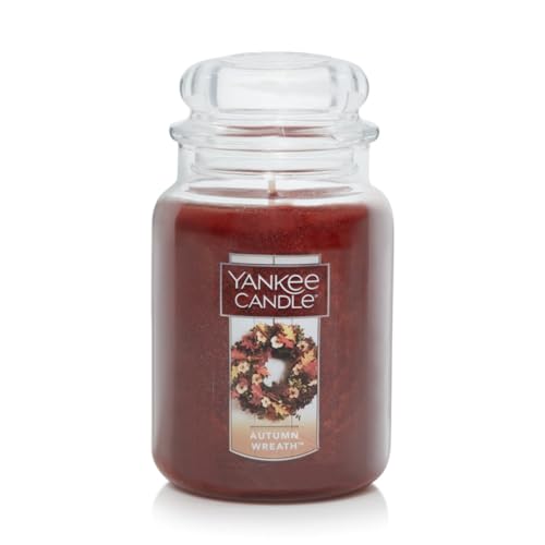 Yankee Candle Autumn Wreath Scented, Classic 22oz Large Jar Single Wick Aromatherapy Candle, Over 110 Hours of Burn Time, Apothecary Jar Fall Candle, Autumn Candle Scented for Home