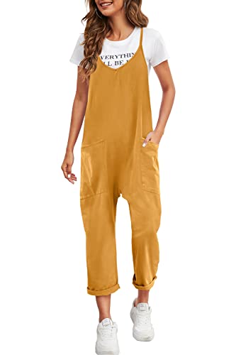 Nirovien Womens Oversized Sleeveless Jumpsuits Loose Spaghetti Strap Baggy Overalls with Pockets Casual One Piece Rompers(A-Yellow,M)
