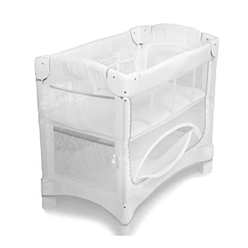 Arm’s Reach Mini Ezee 2 in 1 Co-Sleeper Bedside Bassinet Featuring Breathable Mesh Side Panels with 2 Wheels for Portability, Side Pockets, and Bottom Storage, White