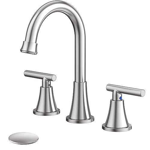 Bathroom Faucets for Sink 3 Hole, Hurran Brushed Nickel Bathroom Sink Faucet with Pop-up Drain and Supply Lines, Stainless Steel Lead-Free Widespread Faucet for Bathroom Sink Vanity RV Farmhouse Sink