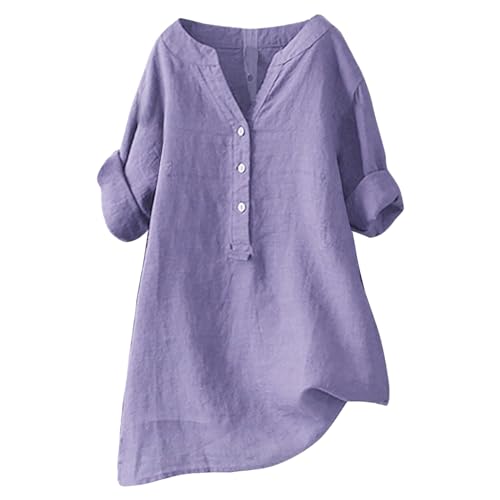 Generic Linen Tunics for Women Tunic Tops with 3/4 Sleeves Plus Size Tops T Shirts V Neck Long Sleeve Summer Tops 2024 Trendy Online Shopping, Medium, Purple-b