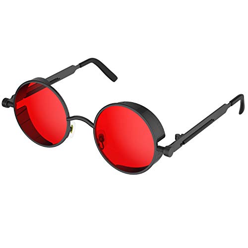 PROUDDEMON Retro Gothic Steampunk Sunglasses for Women Men Round Lens Metal Frame(Black Red)
