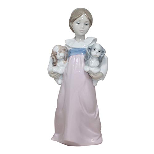 LLADRÓ Glossy Porcelain Figure of Girl 'Arms Full of Love' in Pastel Tones. Decorative Porcelain Figurine of a Little Girl with Puppies.