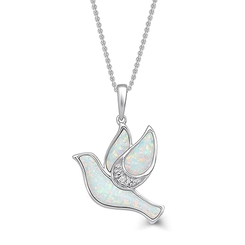 Jewelili Dove Necklace Pendant in Sterling Silver with Diamonds and Created Opal, 18 inch Rolo Chain