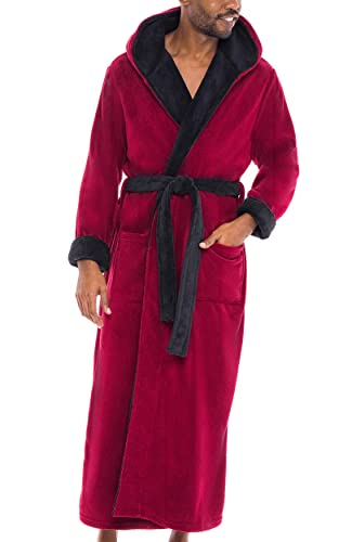 Alexander Del Rossa Men's Warm Fleece Robe with Hood, Big and Tall Bathrobe, Burgundy with Black Medium (A0125BRBMD)