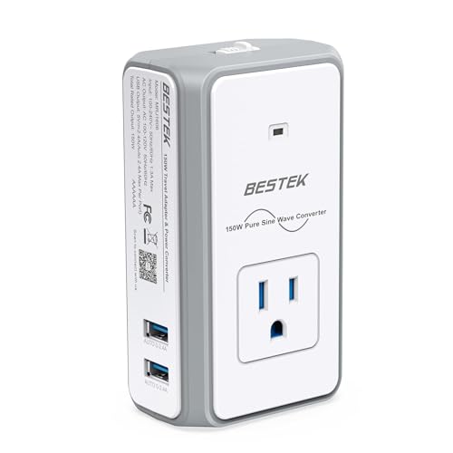 BESTEK [Pure Sine Wave] Universal Travel Adapter - 150W Voltage Converter 220v to 110v, 2X 2.4A USB-A Ports and 1X AC Outlet, All-in-One International Power Plug for EU US UK AU (1-White)