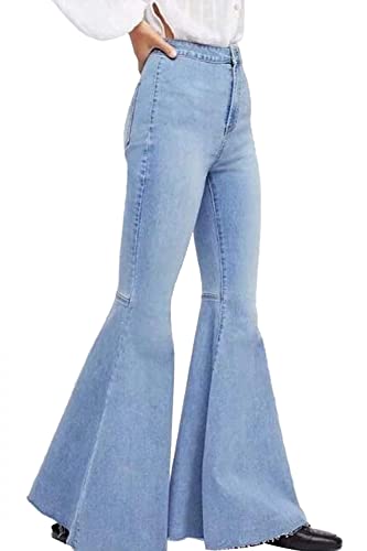 Women's Fashion Bell Bottom Jeans High Waisted Raw Hem Stretch Denim Pants (Light Blue, Small)