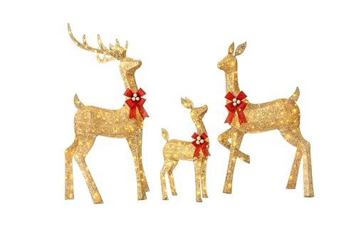 Jingle Joy 5ft Large Twinkle Lighted Outdoor Christmas Deer Set with LED Lights – 3-Piece Holiday Reindeer Family Decor for Yard Display - Weather-Resistant Decorations for Festive Season with Stakes