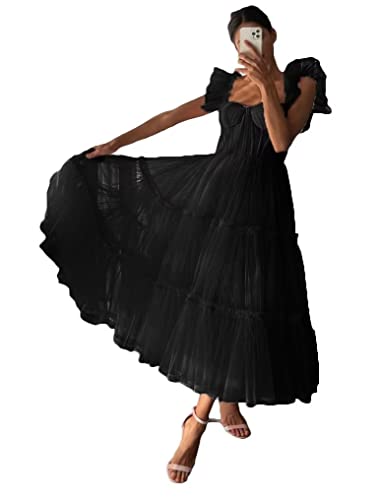 Asulla Sweetheart Prom Dress Tulle Pleats Midi Formal Evening Gowns Tea Length Cocktail Party Dress Black 10