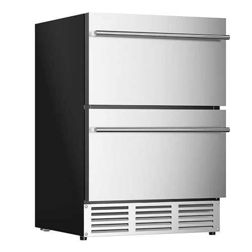 EUHOMY 24 Inch Under Counter Double Drawer Fridge, Weather Proof Stainless Steel Outdoor Beverage Refrigerator for Patio, Built-in Beverage Fridge with ETL/DOE/CEC, Home & Commercial Use.