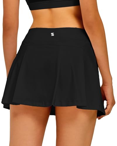 Stelle Women Tennis Skirt Golf Skorts Athletic High Waisted with Pockets Inner Shorts Sport Workout Pleated Pickleball (Black-Nylon, Large)