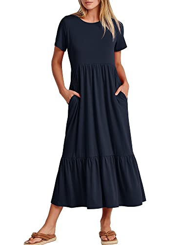 ANRABESS Women's Summer Casual Short Sleeve Crewneck Loose Swing Dress Flowy Comfy Tiered Maxi Beach Dress 2024 Fashion Long T Shirt Dresses Pockets 727shenzanglan-L Navy Blue