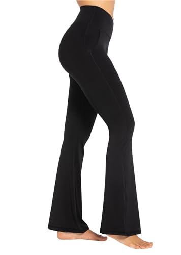 Sunzel Flare Leggings for Women with Pockets, Crossover Yoga Pants with Tummy Control, High Waisted and Wide Leg 30' Inseam Black Medium