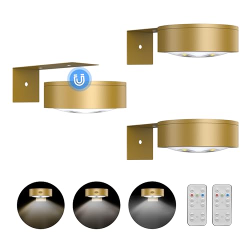 3Pack Picture Light Battery Operated Painting Lights for Wall Wireless Magnetic Display Art Light with Remote Controls,Dimmable&Timer Portrait Light for Art Frame Artworking,Wall Decor Puck Light-Gold