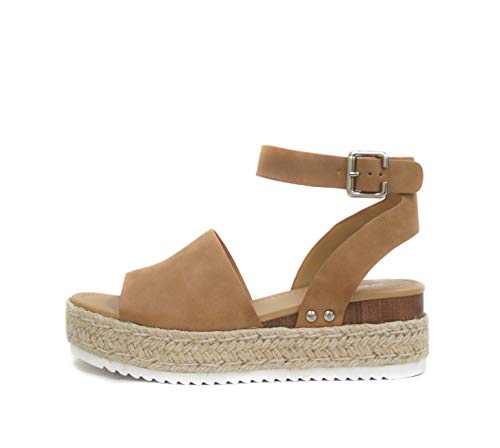 Soda Topic Open Toe Buckle Ankle Strap Espadrilles Flatform Wedge Casual Sandal (Tan, us_footwear_size_system, adult, numeric, medium, 8)