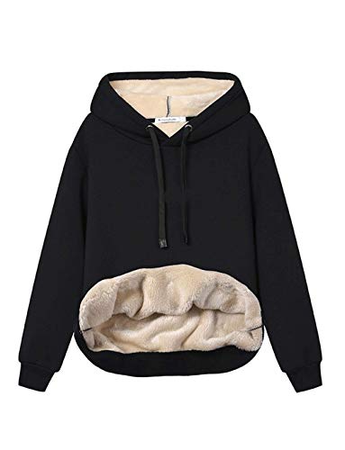 Haellun Womens Casual Winter Warm Fleece Sherpa Lined Pullover Hooded Sweatshirt (Black, Medium)