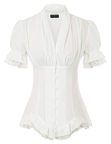 2024 Summer White Blouse for Women Short Puff Sleeves Dressy Top Elegant Victorian Shirt White L