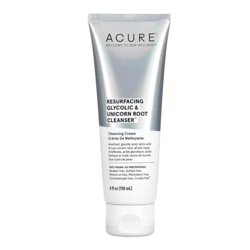 Acure Resurfacing Glycolic & Unicorn Root Cleanser- Gentle Daily Exfoliation Cleansing Cream - Brightening & Hydrating Face Wash - for All Skin Type 4 Fl Oz