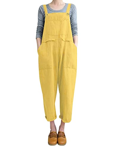 Gihuo Women's Fashion Baggy Loose Linen Overalls Jumpsuit Oversized Casual Sleeveless Rompers with Pockets (Yellow-M)