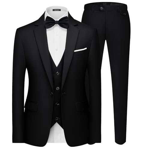 MAGE MALE Men's 3 Pieces Suit Elegant Solid One Button Slim Fit Single Breasted Party Blazer Vest Pants Set Black