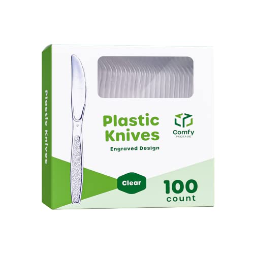 Comfy Package [100 Pack] Heavyweight Disposable Clear Plastic Knives - Engraved Design