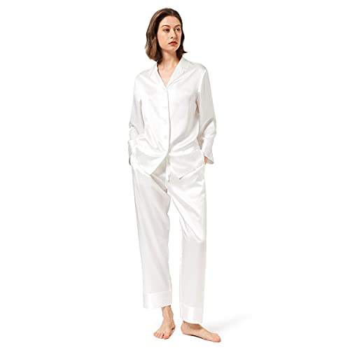 Mommesilk Silk Pajamas Set for Women V-Neck Notched Collar Loungewear Long Sleeve 100% Mulberry Silk Sleepwear Ladies (Natural White, Medium)