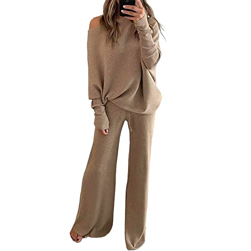 Xaspee Women's 2 Piece Corduroy Wide Leg Sweatsuit Sets Batwing Sleeve Loose Top and Pants Knit Loungewear Outfits (Khaki, XL)