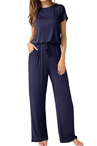 LAINAB Womens Casual Long Sleeves O Neck Wide Legs Playsuits Jumpsuits Deep Blue M