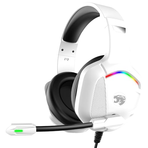 Gaming Headset with Microphone for Pc, Xbox One Series X/s, Ps4, Ps5, Switch, Stereo Wired Noise Cancelling Over-Ear Headphones with Mic, RGB, for Computer, Laptop, Mac, Nintendo, Gamer (White)