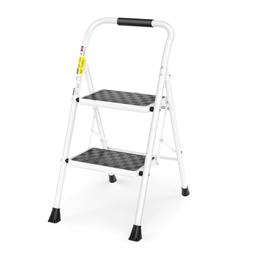 HBTower Step Ladder, 2 Step Stool for Adults,2 Step Ladder Folding Step Stool with Cushioned Handle,330 lbs Capacity,Step Ladder with Wide Anti-Slip Pedal Ergonomic Design,White