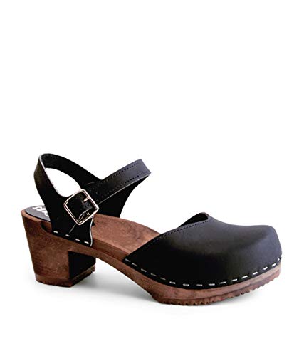 Sandgrens Swedish Wooden High Heel Clog Sandals for Women, US 9-9.5 | Victoria Black DK, EU 40