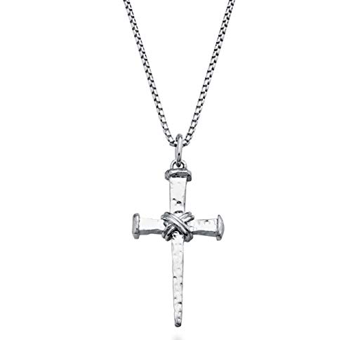 Miabella Italian Rope Wrap Nail Cross Pendant Necklace Box Chain, Rhodium or 18K Yellow Gold Over 925 Sterling Silver Made in Italy (Length 24 Inches, Rhodium-Plated-Silver)