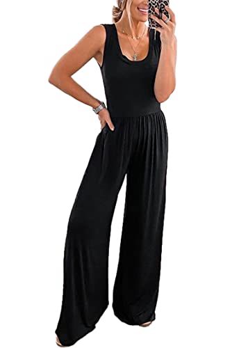 PRETTYGARDEN Women’s Summer Sleeveless Tank Jumpsuits High Waist Low Cut Casual Scoop Neck Fit And Flare Long Pants Rompers(Black, Medium)