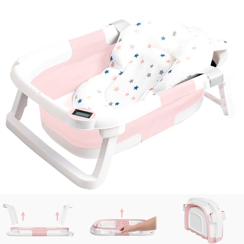 NAPEI Collapsible Baby Bathtub,Baby Bath Tub with Soft Cushion & Thermometer,Baby Bathtub Newborn to Toddler 0-36 Months,Portable Travel Baby Tub,Pink…