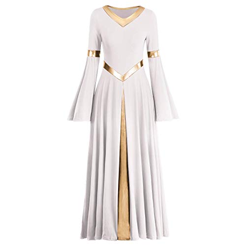 Praise Dance Dresses for Women Metallic V Neck Liturgical Worship Costume Bi Color Bell Long Sleeve Church Robe Praisewear All Saints' Day Advent Clothes # White + Gold M