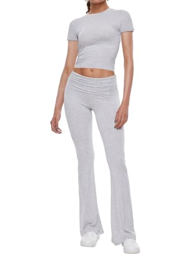 AnotherChill Women's 2 Piece Lounge Sets Fold-over Flare Pants Set Short Sleeve Crop Top Casual Outfits Comfy Loungewear (Light-Gray, Small)