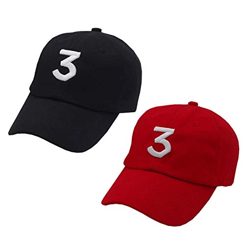 2 Pack Chance The Rapper Hat 3 Cool Rock Hip Hop Classic Casquette with Adjustable Strap Black and Red