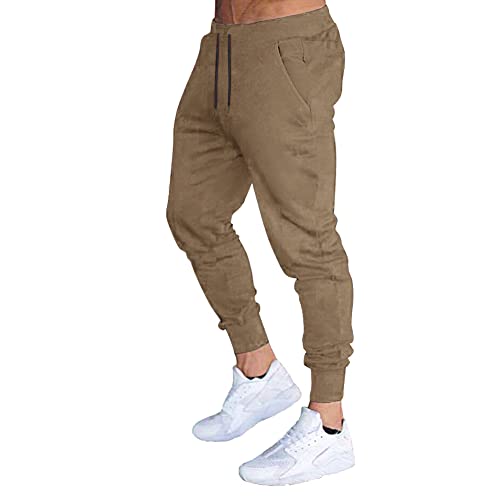 BUXKR Men's Slim Joggers Workout Pants for Gym Running and Bodybuilding Athletic Bottom Sweatpants with Deep Pockets,Khaki,M