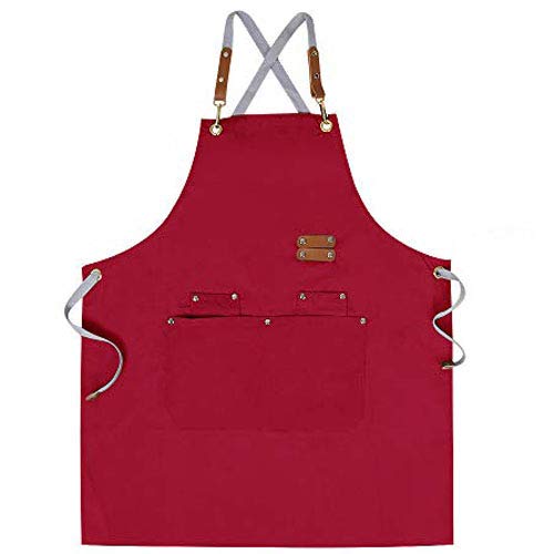 Chef Apron,Cross Back Apron for Men Women with Adjustable Straps and Large Pockets,Canvas,M-XXL (Red)