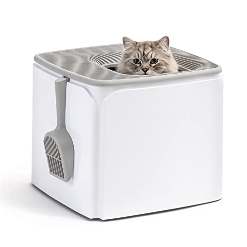 IRIS USA Premium Square Top Entry Cat Litter Box with Scoop, Kitty Litter Pan with Litter Particle Catching Cover and Privacy Walls, White/Gray