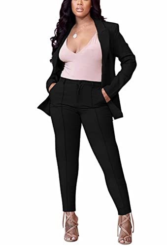 Women's 2 Piece Outfit Deep V Long Sleeve Solid Color Blazer with Pants Elegant Business Suit Sets